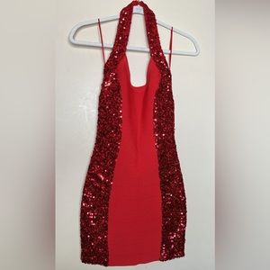 Red fitted Sequin party dress.